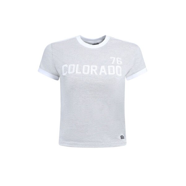 This is a grey baby tee. The collar, cuffs, and stripes are all white. The embroidery on the front is white as well.